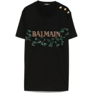 Balmain Korte Mouw Strass Versierde Tee , Black , Dames , Maat: S