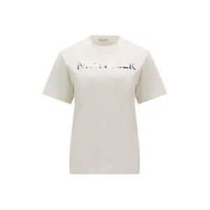 Moncler Witte Geribbelde T-shirts en Polos met Paillet Logo , White , Dames , Maat: S