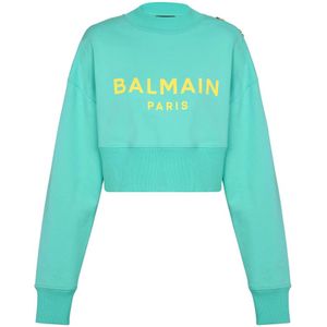 Balmain Cropped sweatshirt met Paris print , Blue , Dames , Maat: M