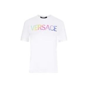 Versace Wit Katoenen Logo T-Shirt , White , Dames , Maat: XS