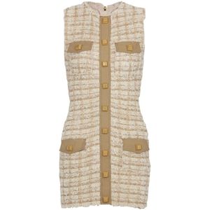 Balmain Mouwloze Tweed Korte Jurk , Beige , Dames , Maat: L
