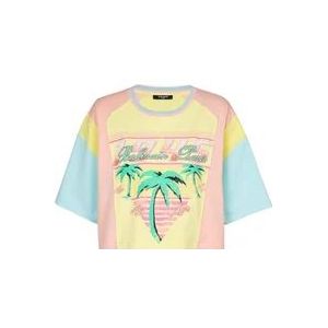 Balmain T-shirt met palmboom handtekeningprint , Multicolor , Dames , Maat: M