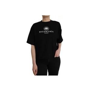 Balenciaga Zwart Katoenen Logo T-shirt met Ronde Hals en Korte Mouwen , Black , Dames , Maat: 2XS