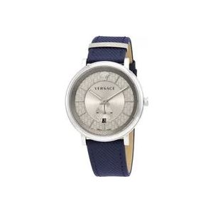 Versace V Circle Leren Horloge Blauw Zilver , Blue , Heren , Maat: ONE Size