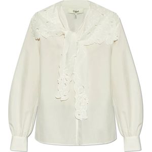 Chloé - Blouse - Wit - Katoen - Lange Mouwen - Kanten Afwerking