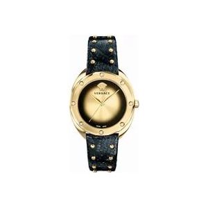 Versace Zwart Lederen Goud Roestvrij Stalen Horloge , Multicolor , Dames , Maat: ONE Size