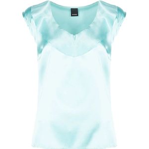 Pinko - Zijden V-hals Top - Blauw - Mouwloos - Decoratieve Ruche
