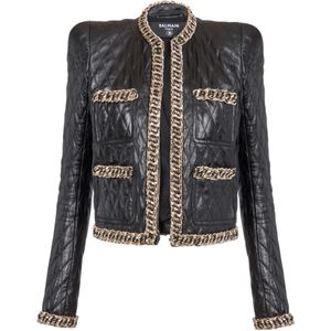 Balmain Gewatteerde leren jas met kettingen , Black , Dames , Maat: M