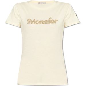 Moncler - T-shirt - Crème - 100% Katoen - Korte Mouwen - Glinsterend Opschrift