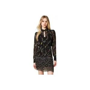 Twinset Jurk Logo en Bloemen - 44 , Black , Dames , Maat: M