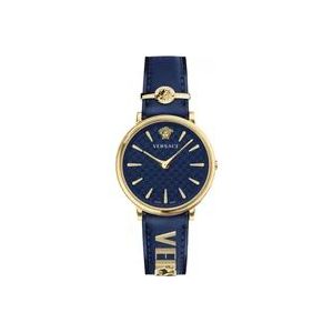 Versace V Circle Blauw/Goud Leren Horloge , Blue , Dames , Maat: ONE Size