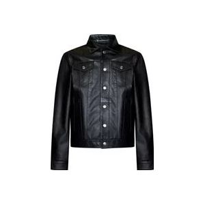 Dsquared2 Zwarte leren jas met overhemdkraag , Black , Heren , Maat: XL
