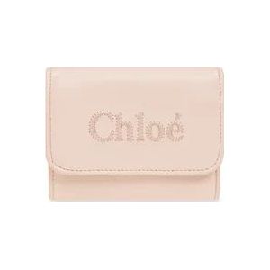 Chloé Leren portemonnee met logo , Pink , Dames , Maat: ONE Size