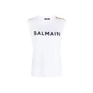 Witte Mouwloze Top met Balmain Print , White , Dames , Maat: M