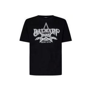 Balmain Zwart T-shirt met Westers print , Black , Heren , Maat: M