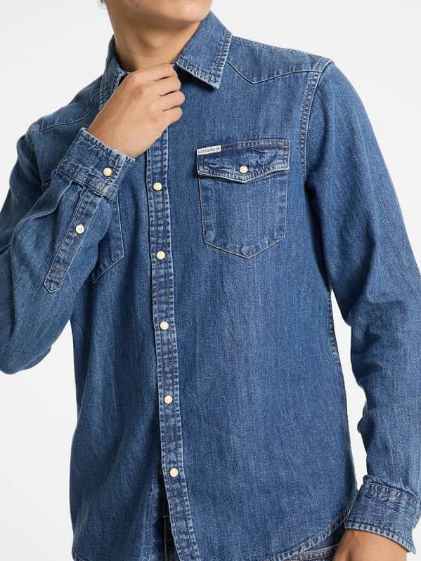 GUESS JEANS - Denim Overhemd - Blauw - Slim Fit - Lange Mouwen