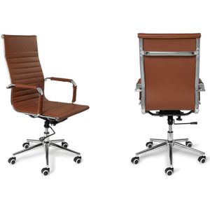 Elegante lederen bureaustoel met hoge rugleuning - Cognac
