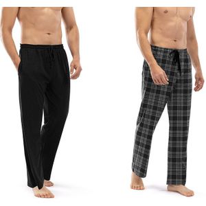 Set van 2 heerlijk zachte katoenen pyjamabroeken voor heren - Zwart/ Zwart-grijs geruit - M