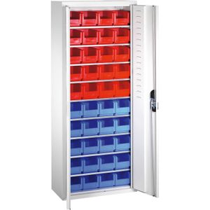 Bakkenkasten met 2 draaideuren en 46 magazijnbakken ,B:700,D:300,H:1690mm grijs