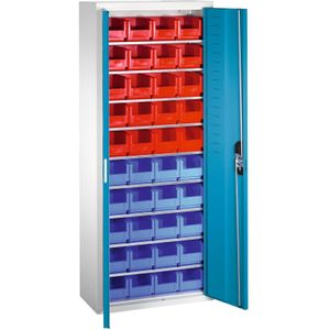 Bakkenkasten met 2 draaideuren en 46 magazijnbakken ,B:700,D:300,H:1690mm grijs