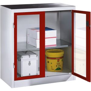 Werkplaatskasten met kijkvenster in 2 draaideuren en 1 etage ,B:930,D:500,H:1000mm rood Laadvermogen (kg): 110.