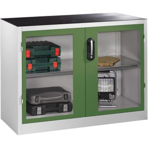 Werkplaatskasten met kijkvenster in 2 draaideuren en 1 etage ,B:1200,D:500,H:1000mm groen
