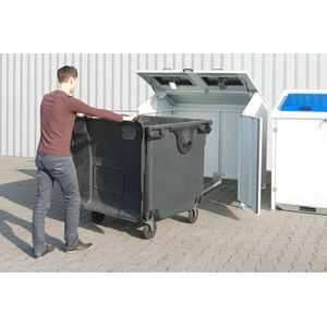 Afvalcontainer Afval en reiniging, ombouw voor 1100 liter afvalcontainers met dak incl. 2 inwerpkleppen, wanden en deuren .