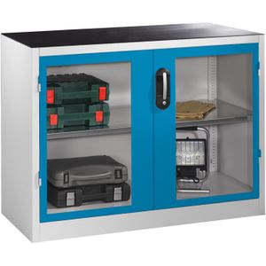 Werkplaatskasten met kijkvenster in 2 draaideuren en 1 etage ,B:1200,D:500,H:1000mm grijs