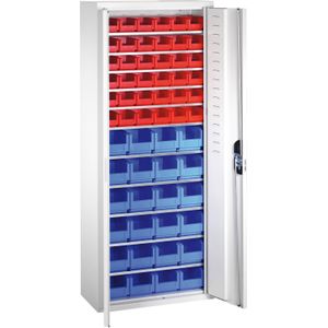 Bakkenkasten met 2 draaideuren en 60 magazijnbakken ,B:700,D:300,H:1690mm grijs