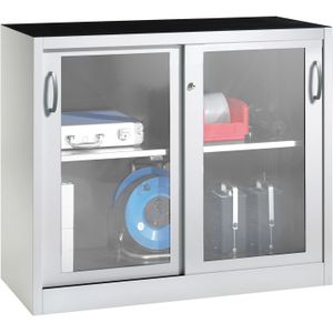 Schuifdeurkasten met kijkvenster in 2 schuifdeuren en 1 etage ,B:1200,D:500,H:1000mm grijs Laadvermogen (kg): 70.
