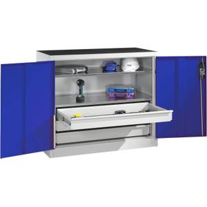 Werkplaatskasten met 2 draaideuren, 2 etages en 3 laden ,B:930,D:500,H:1000mm