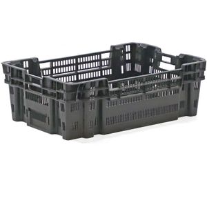 Gebruikte Euronorm stapelbakken wanden + bodem geperforeerd L:600,B:400,H:190mm zwart. 28ltr