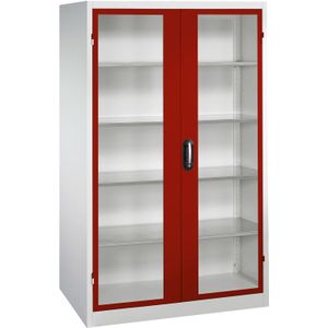 Materiaalkasten met kijkvensters in 2 draaideuren en 4 etages ,B:1200,D:600,H:1950mm rood