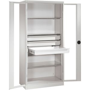 Materiaalkasten met kijkvensters in 2 draaideuren, 3 etages en 3 laden ,B:930,D:500,H:1950mm grijs