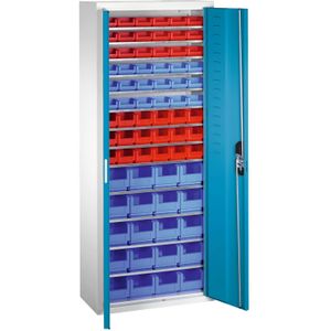 Bakkenkasten met 2 draaideuren en 74 magazijnbakken ,B:700,D:300,H:1690mm grijs