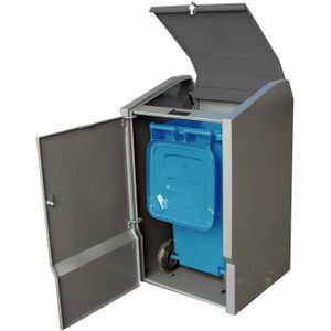 Minicontainer ombouw voor 120 liter afvalcontainers  met afsluitbare inwerpklep met gasdrukveren L:675,B:630,H:1115mm grijs. 120ltr