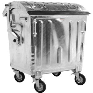 Afvalcontainer voor DIN-opname met scharnierend deksel en kinderbeveiliging L:1370,B:1000,H:1470mm zink. 1100ltr Laadvermogen (kg): 605.
