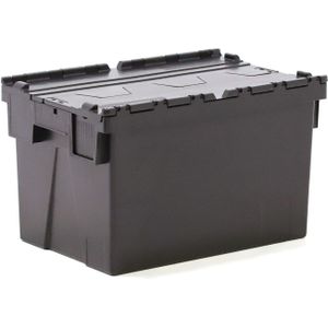 Distributiebakken voorzien van 2-delige deksel L:600,B:400,H:365mm zwart. 60ltr Laadvermogen (kg): 30.