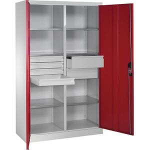 Materiaalkasten met 2 draaideuren, 6 etages en 6 laden ,B:1200,D:500,H:1950mm rood
