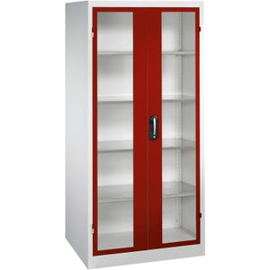 Materiaalkasten met kijkvensters in 2 draaideuren en 4 etages ,B:930,D:600,H:1950mm rood