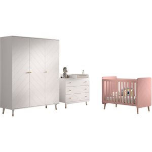 Billy set: witte commode, verschoonplank, driedeurskast en roze babybed