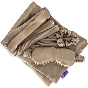 Zelesta - Sleeping Beauty Set - Satijnen Slaapset - Tropical Taupe - Geschenkset Vrouwen - Kussensloop - Slaapmasker - Scrunchies