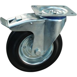 Stalen zwenkwiel, 125mm diameter, rubber loopvlak, rollager, dubbele rem, naloop