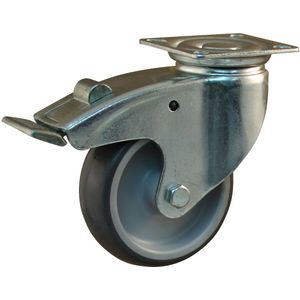 Stalen zwenkwiel, 100mm diameter, TPE loopvlak, glijlager, dubbele rem, naloop