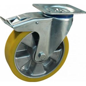 Stalen zwenkwiel, 125mm diameter, PU loopvlak, kogellager, dubbele rem, naloop