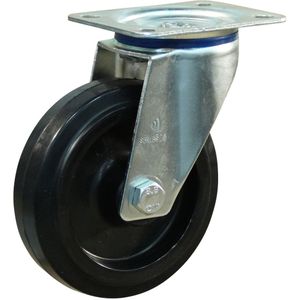 Stalen zwenkwiel, 125mm diameter, elastisch rubber loopvlak, rollager