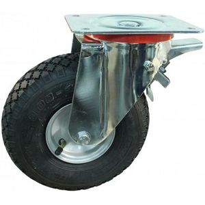 Stalen Zwenkwiel - Zwart - 260 mm Diameter - Luchtband Loopvlak - Dubbele Rem - Rollager