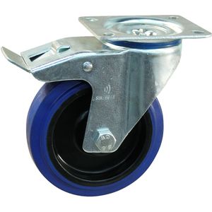 Stalen zwenkwiel, 100mm diameter, elastisch rubber loopvlak, rollager, dubbele rem, naloop