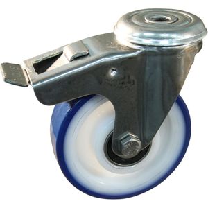 Rvs zwenkwiel, 80mm diameter, PU loopvlak, kogellager RVS, dubbele rem, naloop
