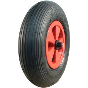 Kruiwagenwiel met as 130mm lengte, 400mm 4.80/4.00-8, kunststof velg, luchtband 4PR, rollager